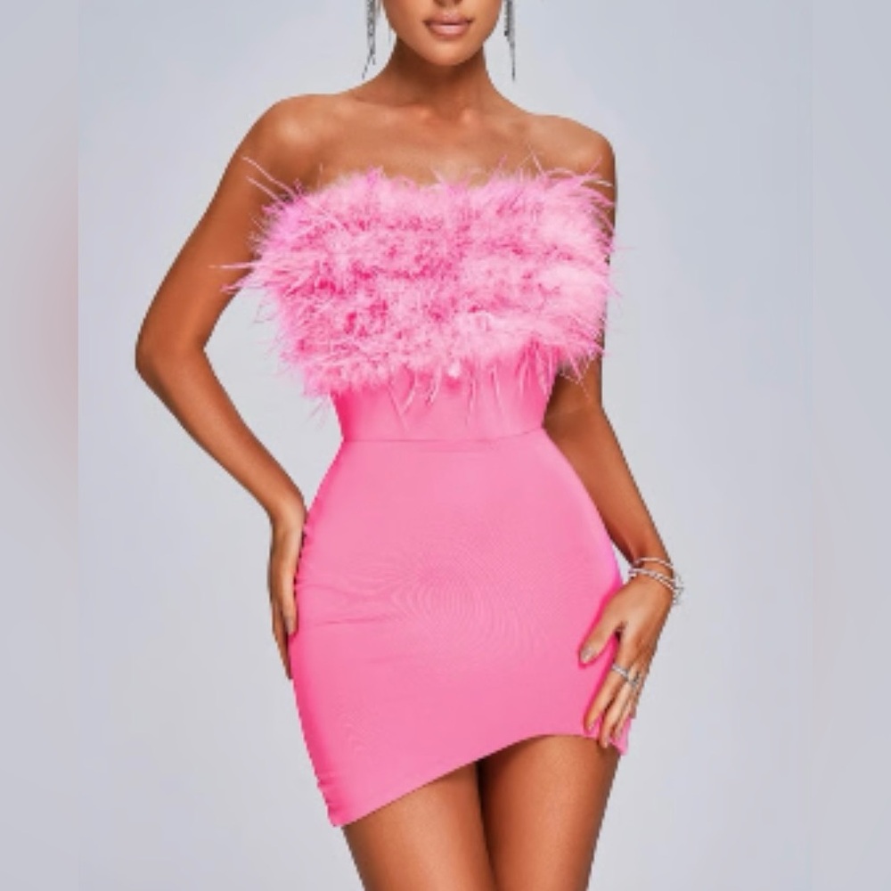 Bella Barnett Strapless Pink Feather Dress